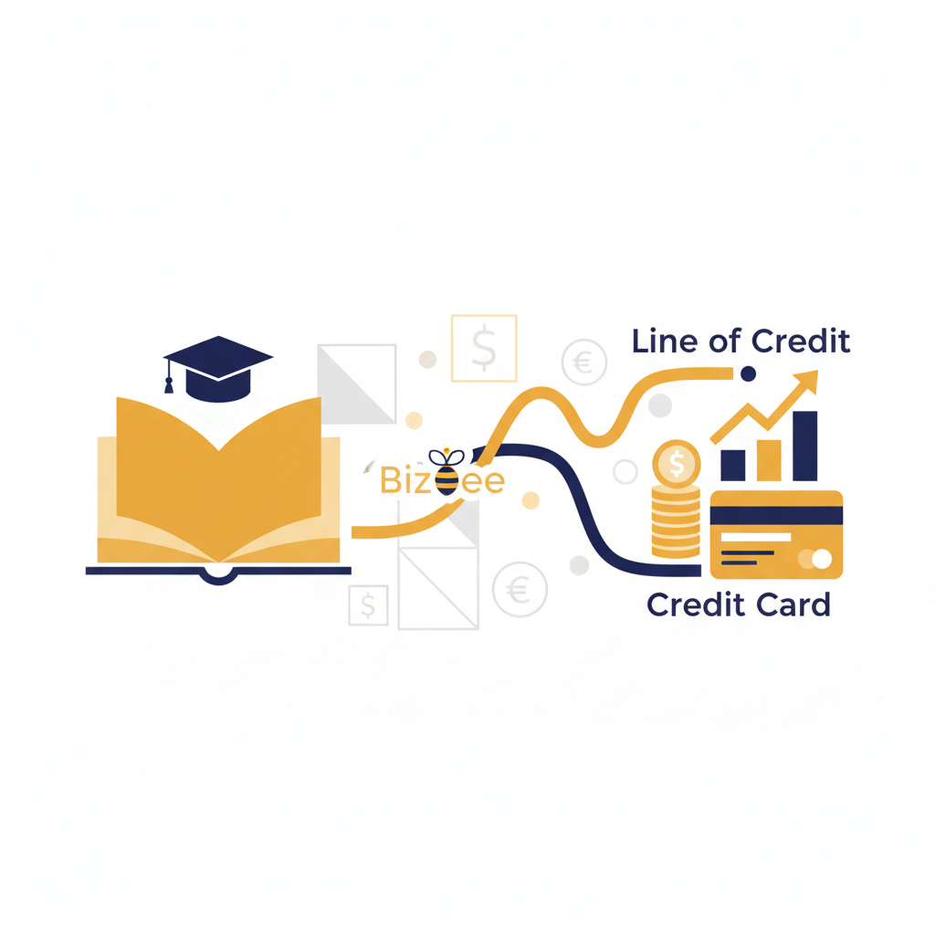A side-by-side comparison infographic showing a business line of credit with a large cash withdrawal icon and a business credit card with a small shopping cart icon, representing their different primary uses for business owners.
