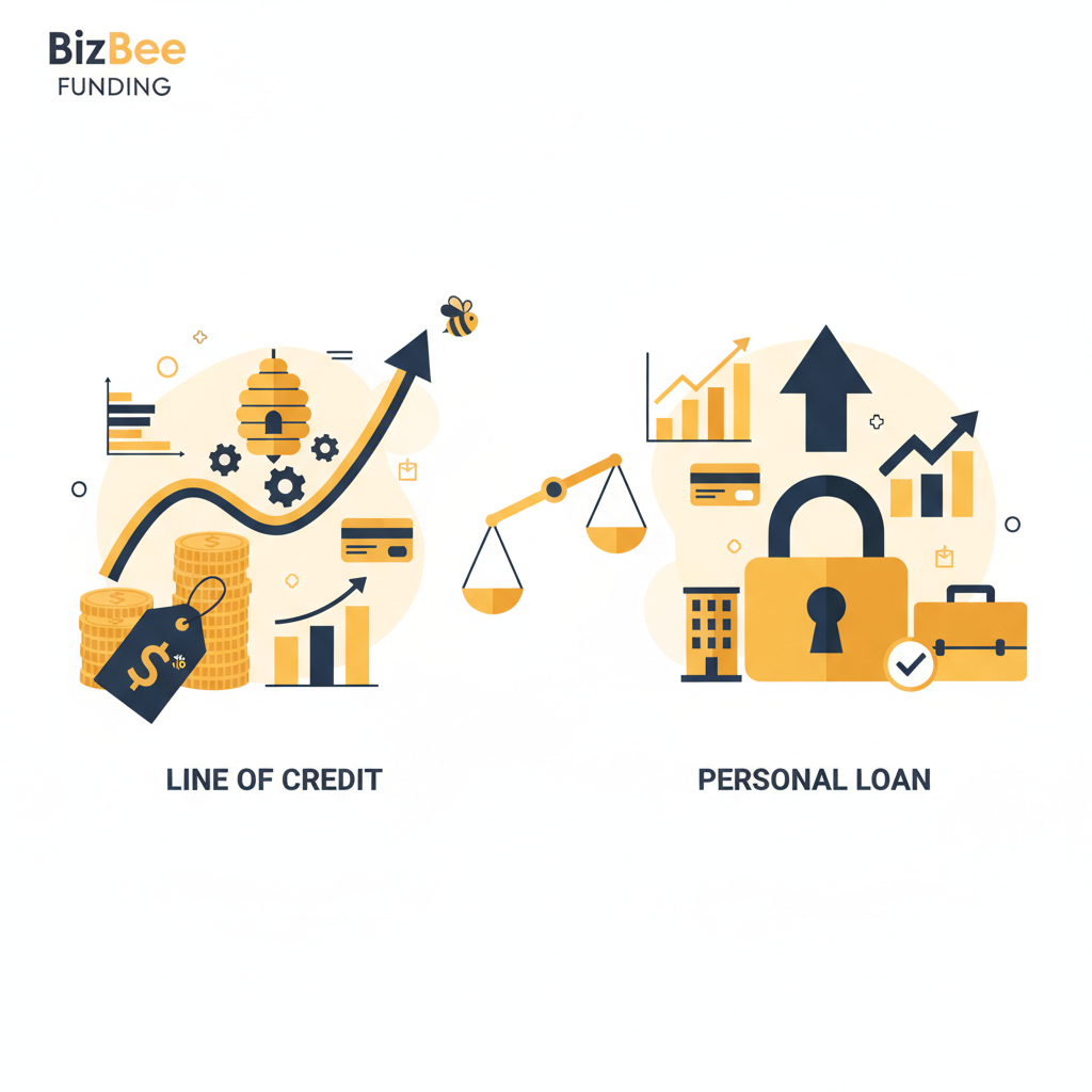 A startup founder sits at a desk with a laptop open to a BizBee Funding application, comparing documents for a business line of credit and a personal loan.