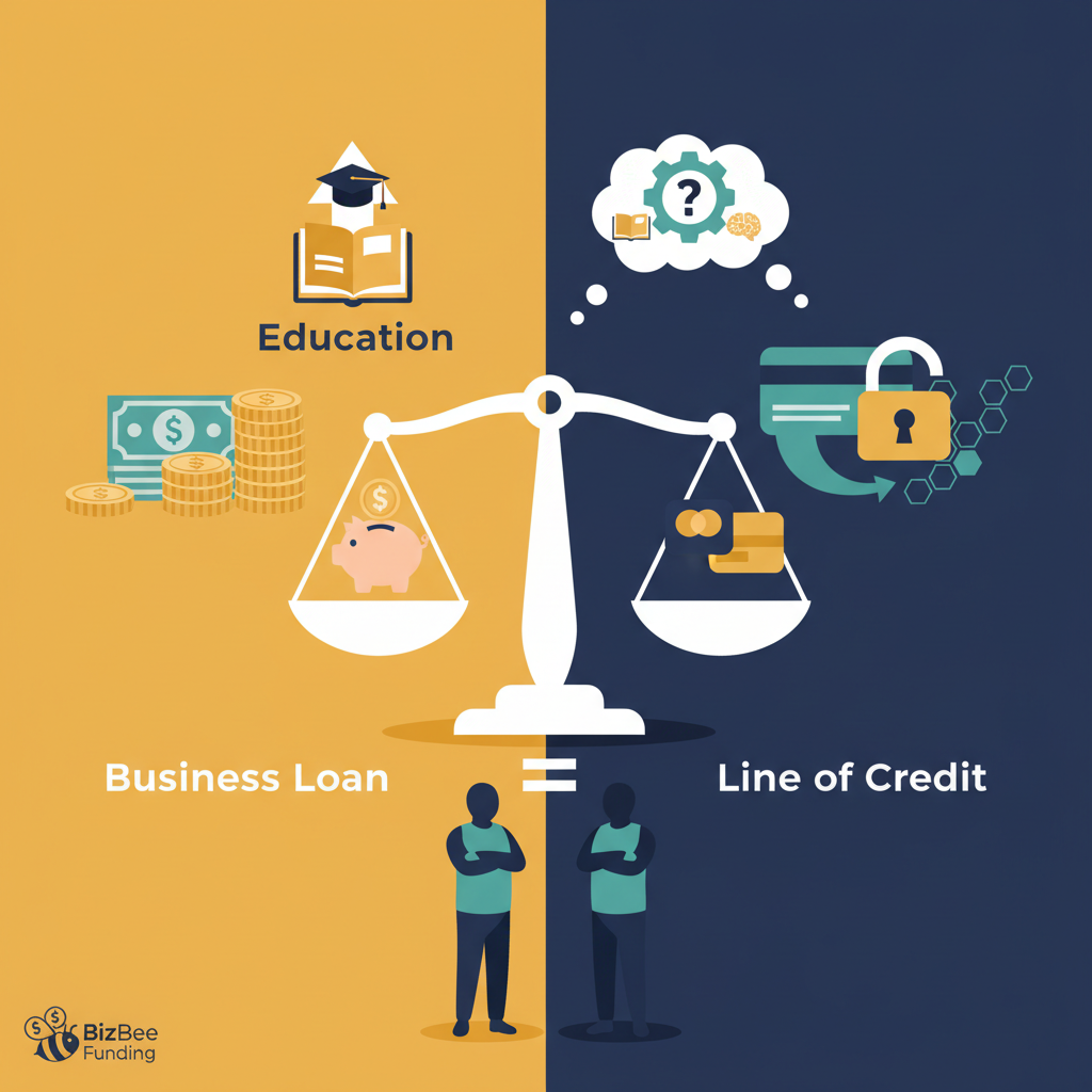 A split image showing a construction manager planning a large project on the left, representing a term loan, and a retail shop owner reviewing inventory on the right, representing a line of credit.