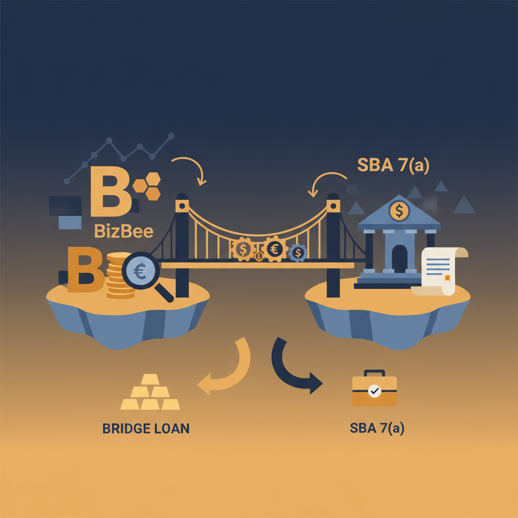 A split image showing a short, modern bridge on the left representing a fast bridge loan and a long, sturdy historic bridge on the right representing a slower, long-term SBA 7(a) loan.