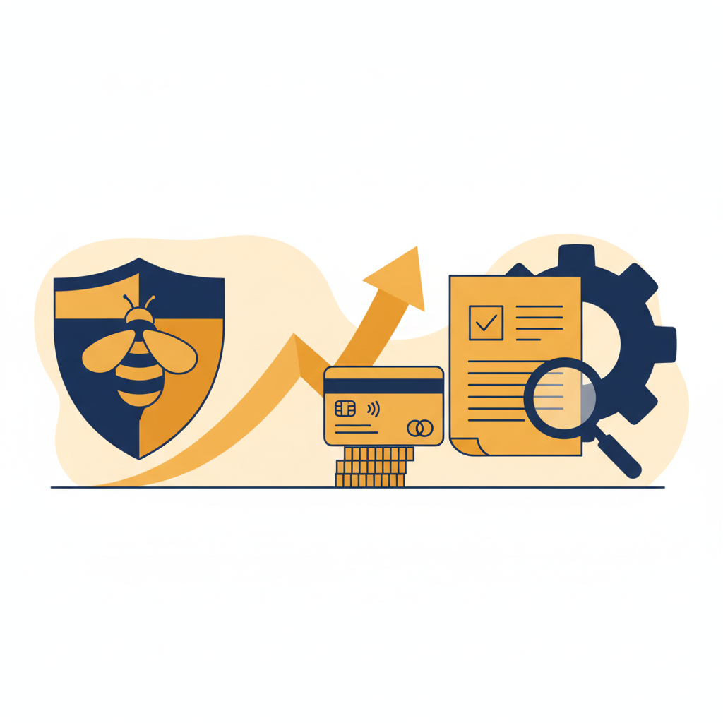 A confident business owner at a clean wooden desk, organizing a stack of financial documents next to a laptop displaying a BizBee Funding application form, conveying a sense of control and preparation for a loan application.