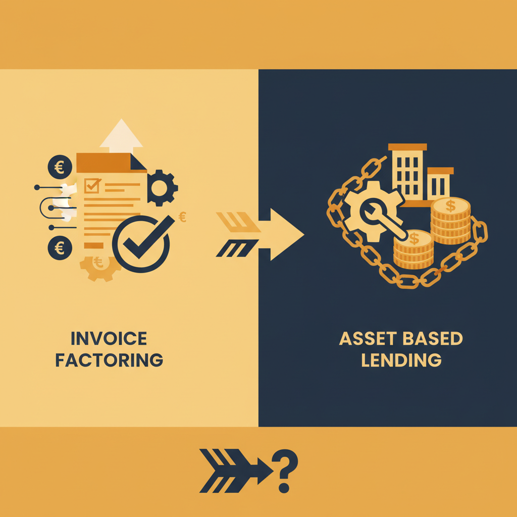 A business owner at a desk looking at diagrams comparing invoice factoring cash flow against a balance sheet for asset-based lending, symbolizing the choice between them.