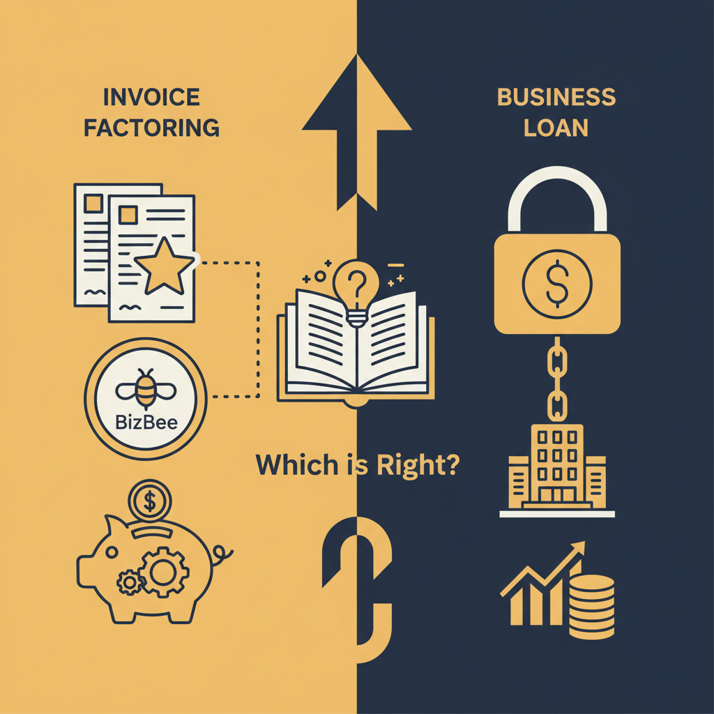 A side-by-side comparison infographic showing a stack of invoices with a percentage sign for invoice factoring versus a bank building icon with a dollar sign for a business loan, illustrating the choice for a small business owner.