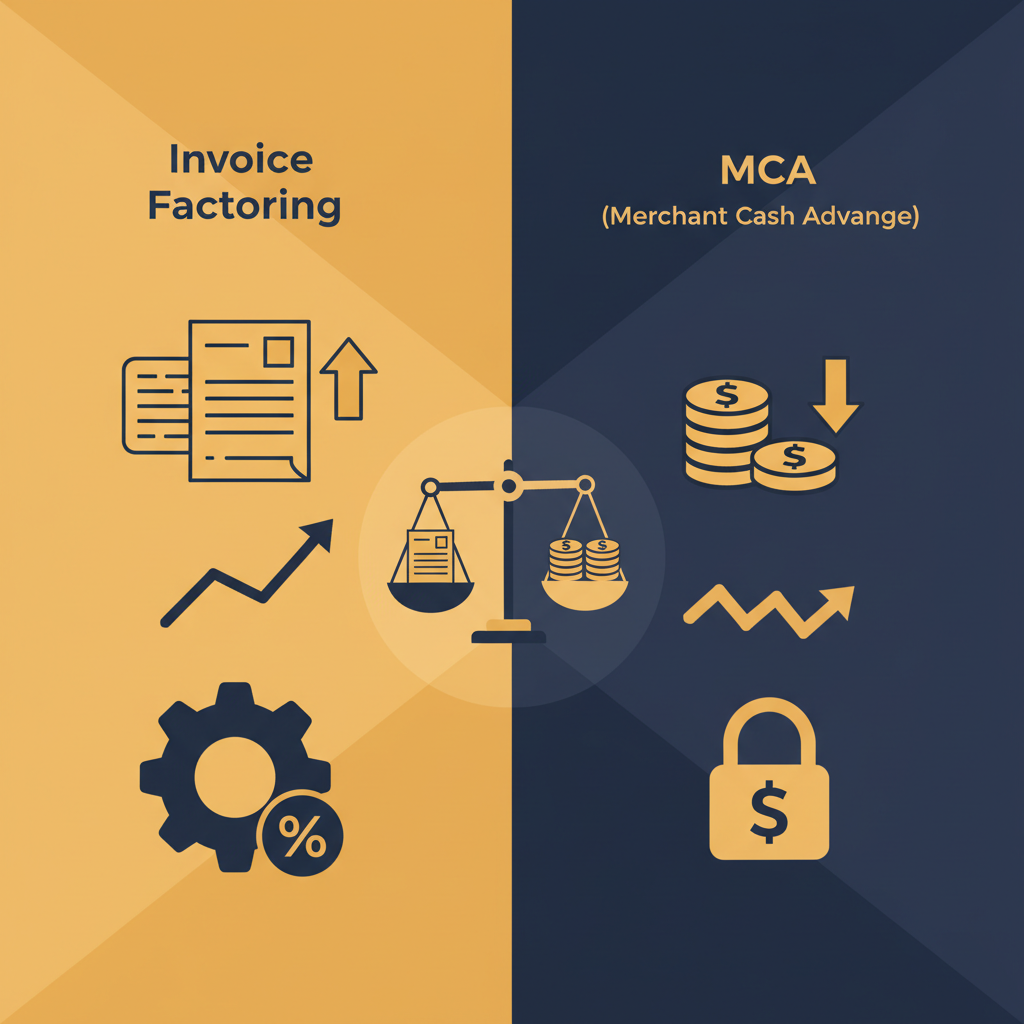 A split image showing a stack of invoices on one side and a credit card terminal on the other, representing the core difference between invoice factoring and a merchant cash advance.