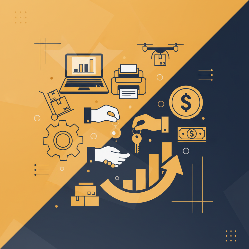A side-by-side comparison visual showing a checklist for leasing business equipment and a piggy bank for financing business equipment, representing the choice between access and ownership.