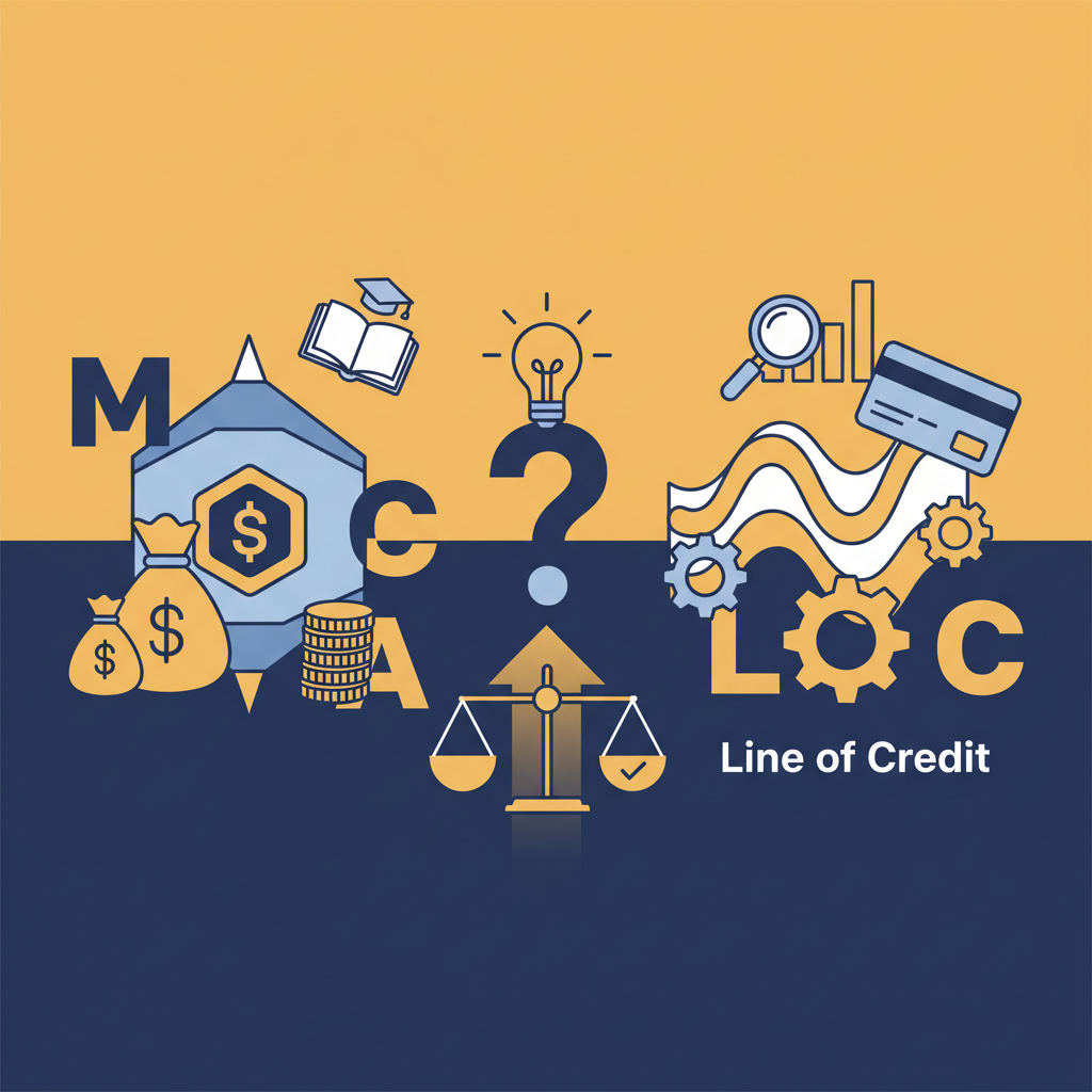 A split-screen image showing a fast-moving blur on the left for MCA and a steady, flexible measuring tape on the right for a Line of Credit, representing speed versus flexibility in business funding.