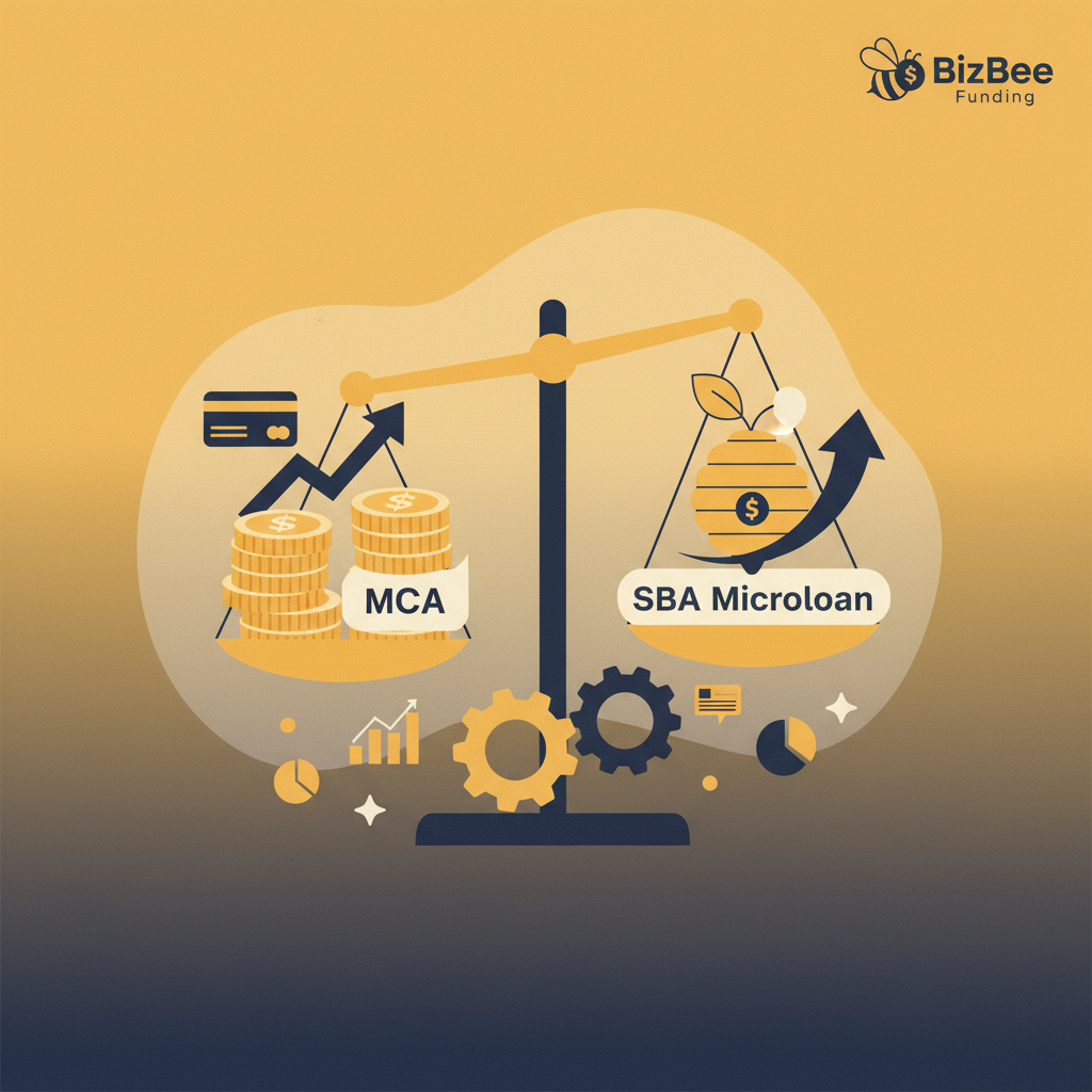 A split image with a calculator and fast-moving arrows on the left for a Merchant Cash Advance, and the U.S. Small Business Administration logo with a slow-moving gear on the right for an SBA Microloan, symbolizing the speed versus cost trade-off.
