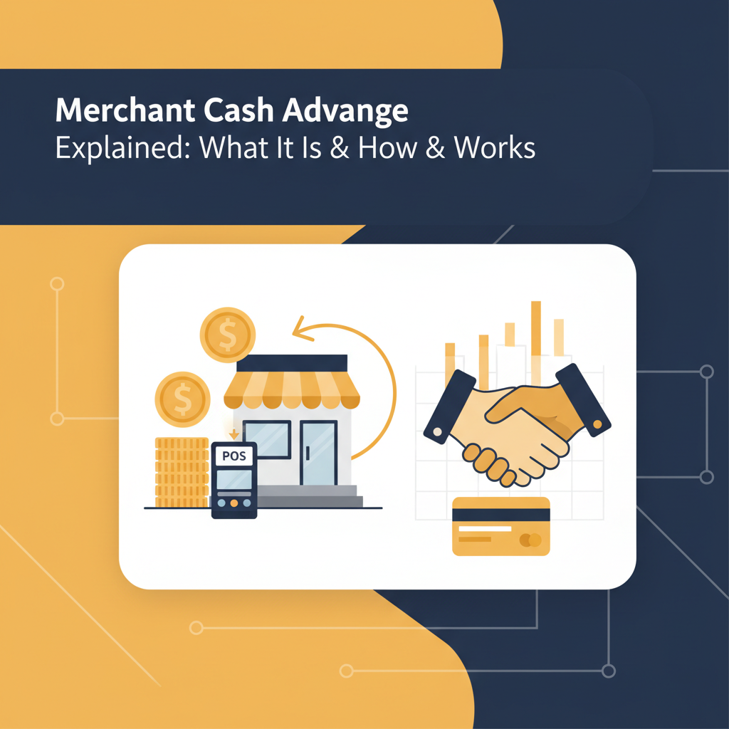 A detailed infographic explaining the merchant cash advance process from application to funding to repayment, showing a business owner reviewing financial documents.