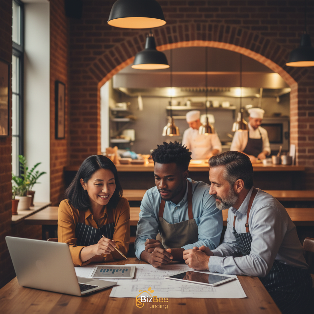 A bustling restaurant kitchen with chefs preparing food, illustrating the fast-paced environment that often requires restaurant business loans for equipment and working capital.