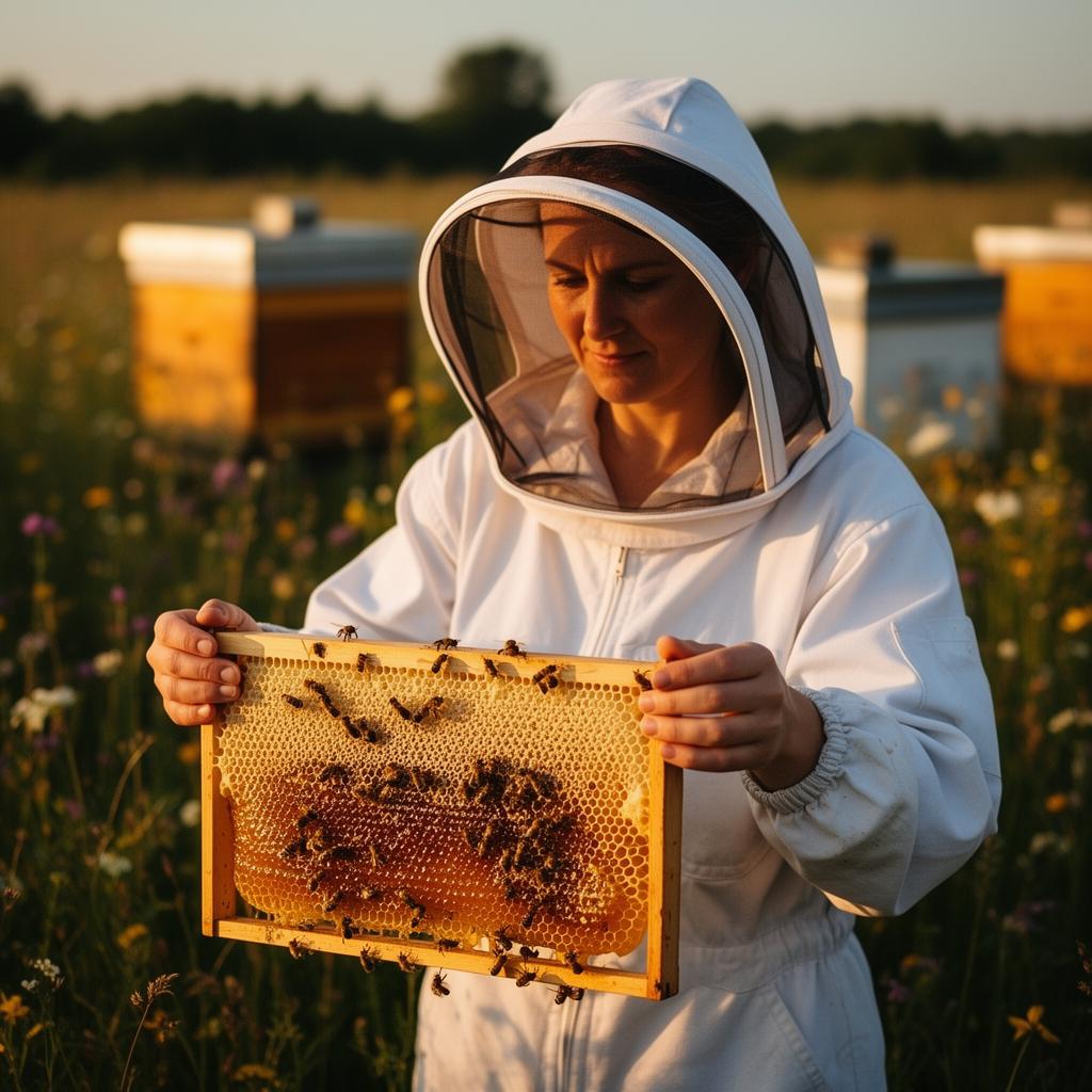 Small-business beekeeper holding a honeycomb frame at her apiary at golden hour