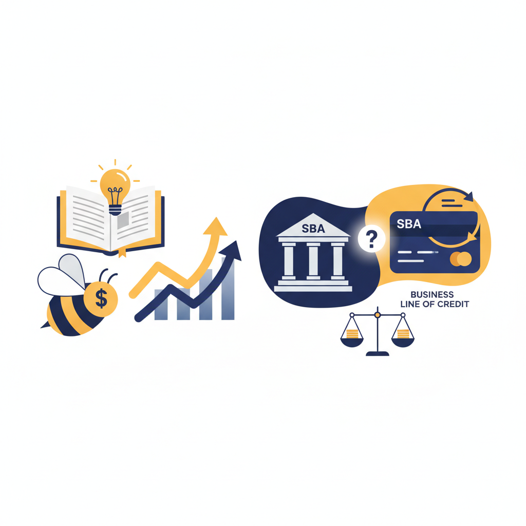 A split-image visual comparing the structured path of an SBA loan for a factory expansion versus the flexible access of a business line of credit for a retail store's inventory needs.
