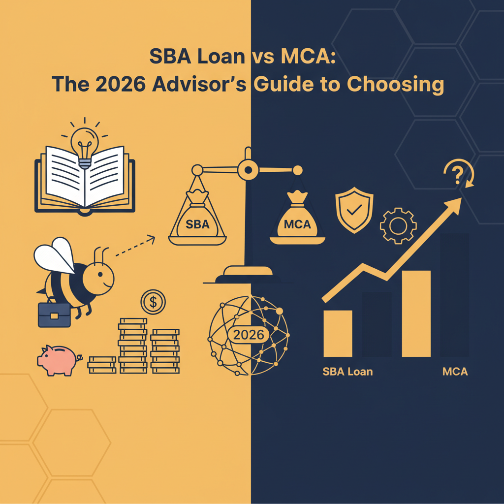 A split image showing a formal bank building representing an SBA loan on one side and a fast-moving digital transaction graph for an MCA on the other side.