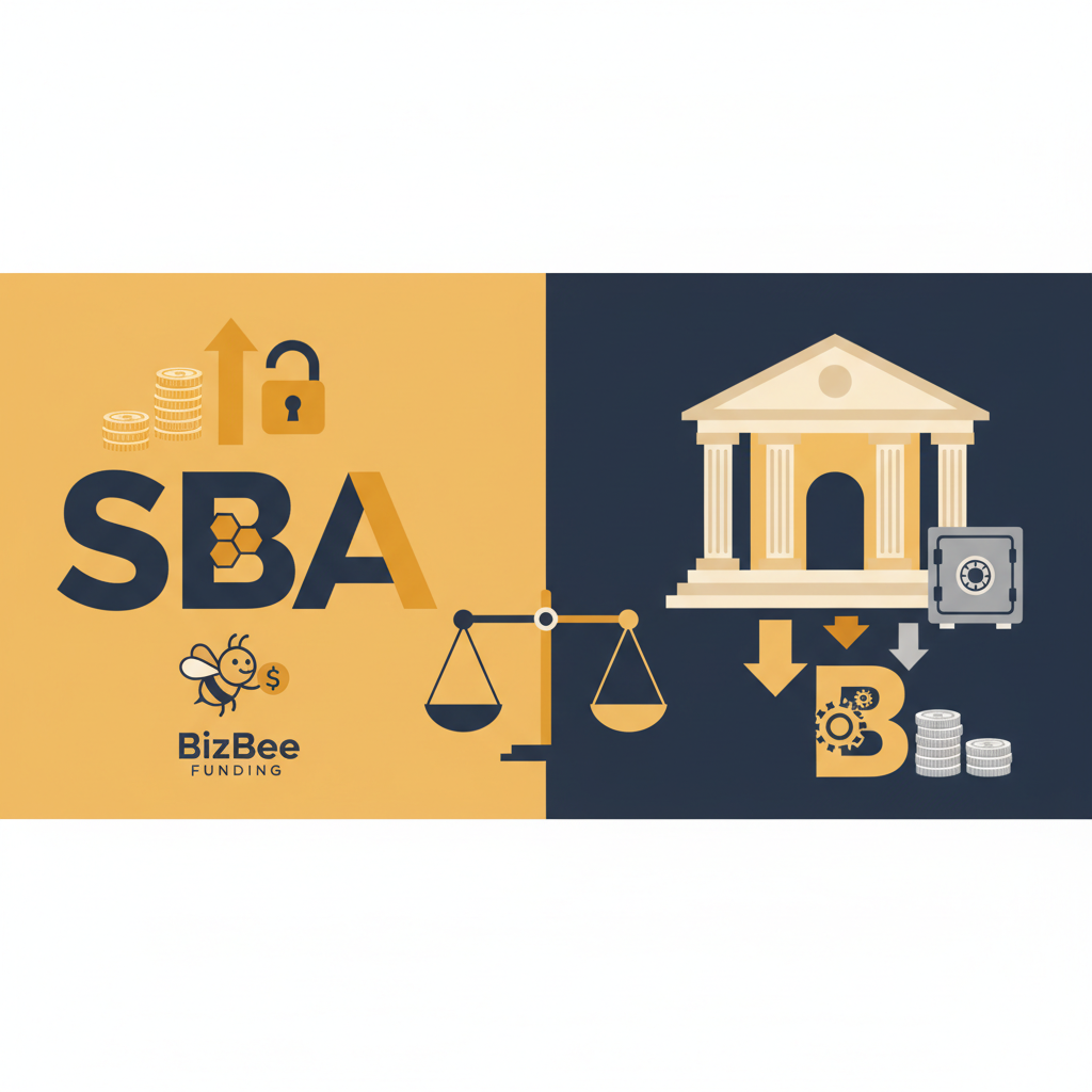 A business owner sitting at a desk with a calculator and loan documents, thoughtfully comparing the financial details of an SBA loan versus a traditional bank loan.