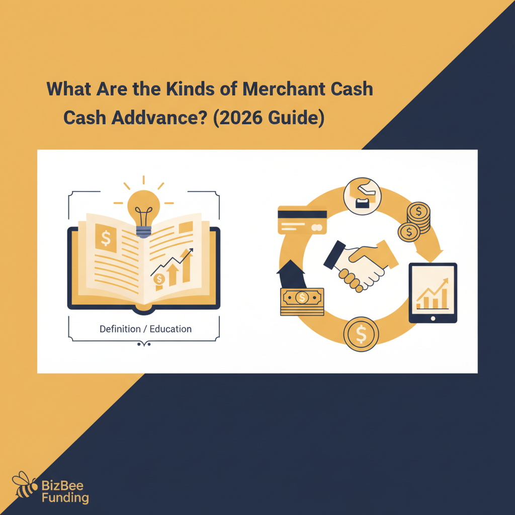 A split image showing a credit card terminal on one side and a bank statement with an ACH withdrawal on the other, representing the two different kinds of merchant cash advances.