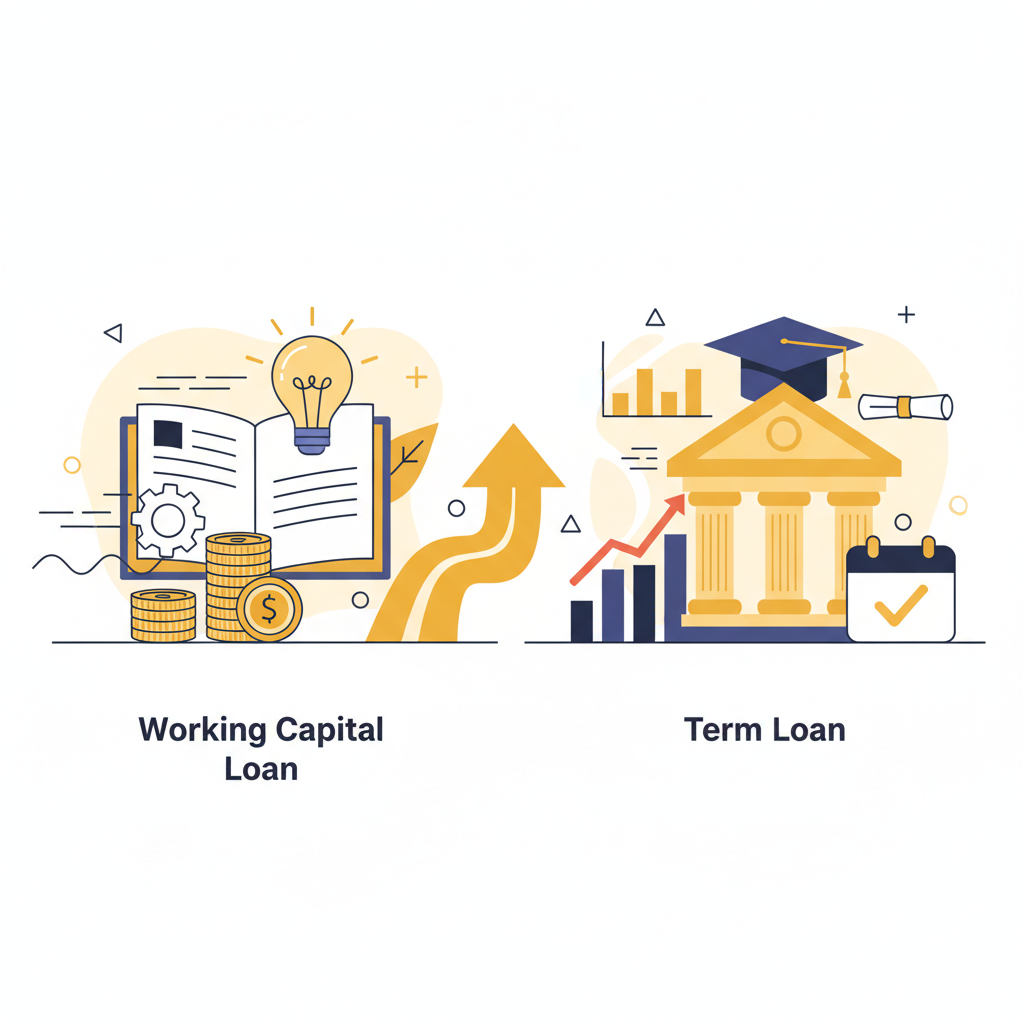 A split image showing a contractor reviewing blueprints for a large project on one side and a retail store owner managing inventory on a tablet on the other side, illustrating working capital vs term loan uses.
